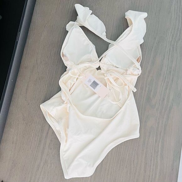 🤍 NWT Eberjey Grayson Ruffle One Piece Bathing Suit, Ecru Size S - Picture 8 of 9